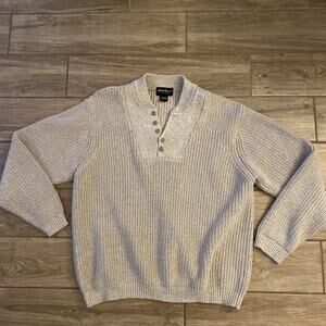 Vintage Eddie Bauer Sweater Mens Large Beige Cotton Henley Knit Pullover